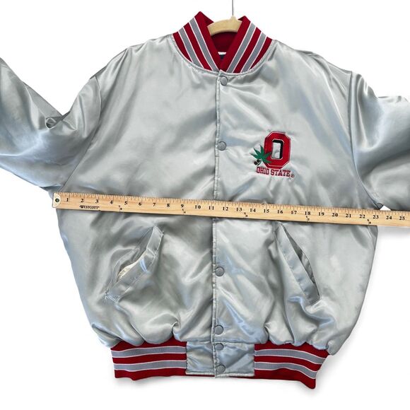 Vintage Ohio State Buckeyes Satin Holloway Snap Jacket Silver Red Mens Large - Picture 5 of 12